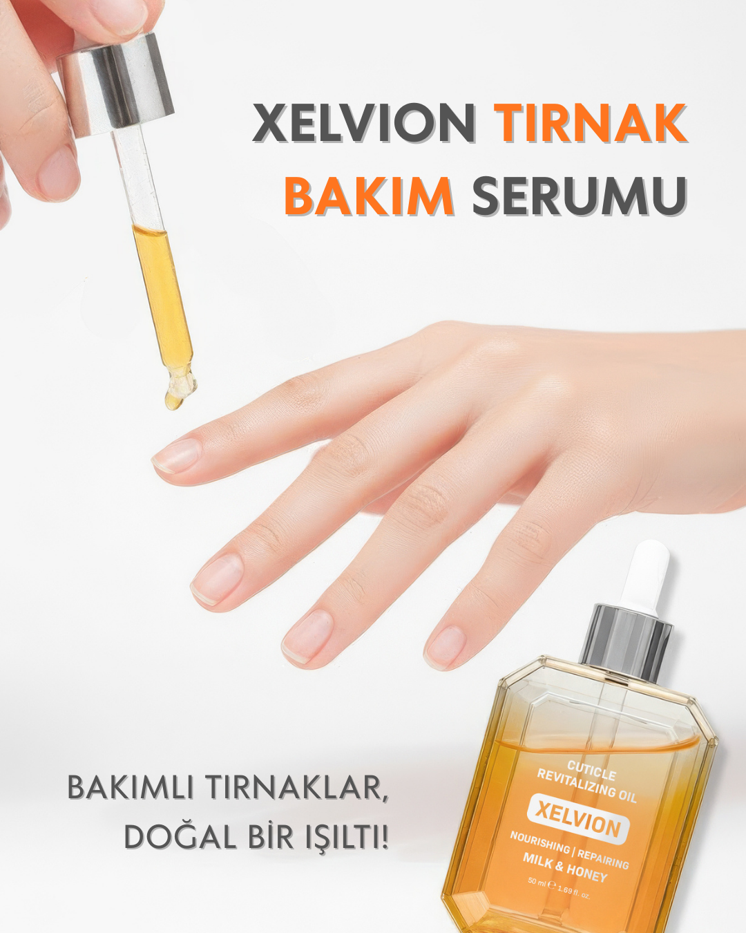 Xelvion Cuticle Revitalizing Oil ile bakım yapılan sağlıklı tırnak ve serum şişesi görüntüsü.