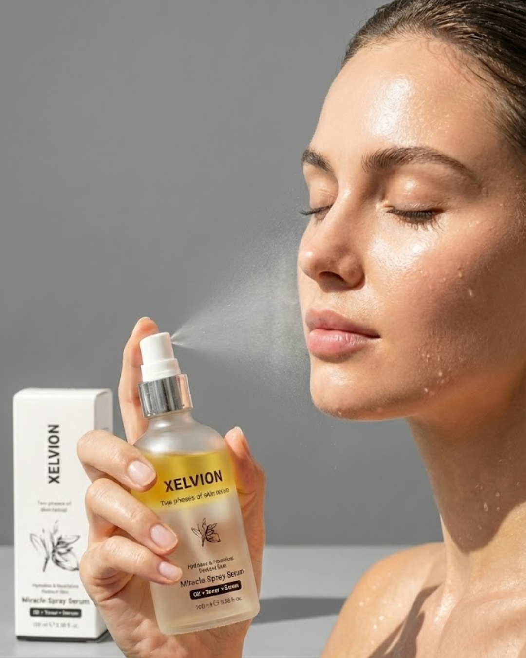 XELVION Miracle Spray Serum kullanarak cilde ışıltı ve nem kazandıran bir kadın. Yüzde hafif bir buhar ile uygulama.