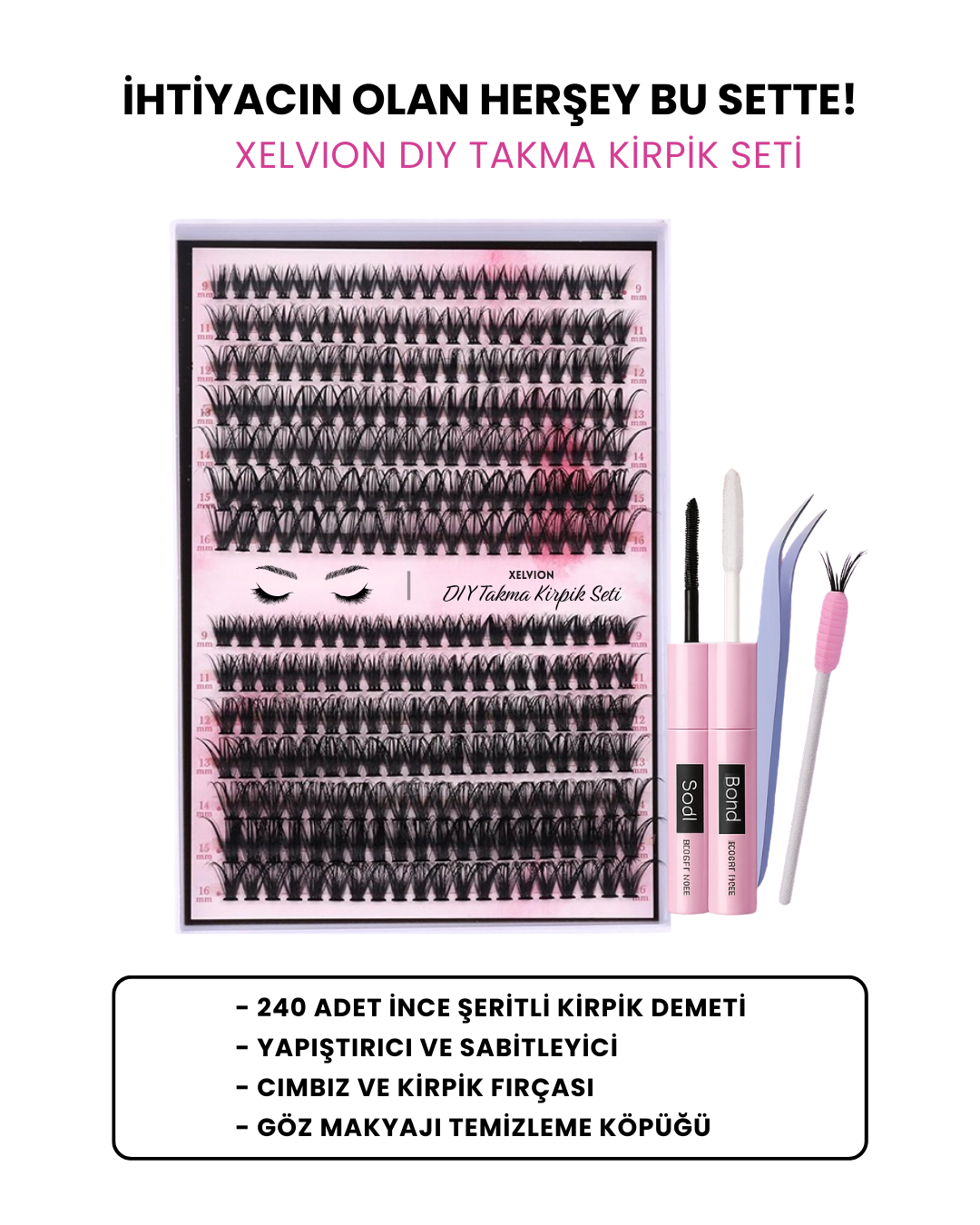 Xelvion 240'lı Takma Kirpik Seti - Sabitleyici, Cımbız ve Kirpik Fırçası