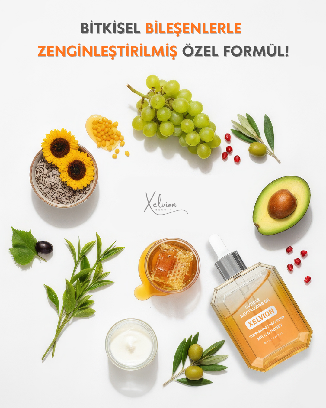 Xelvion Cuticle Revitalizing Oil, besleyici ve onarıcı tırnak eti bakım yağı, süt ve bal özleri ile.