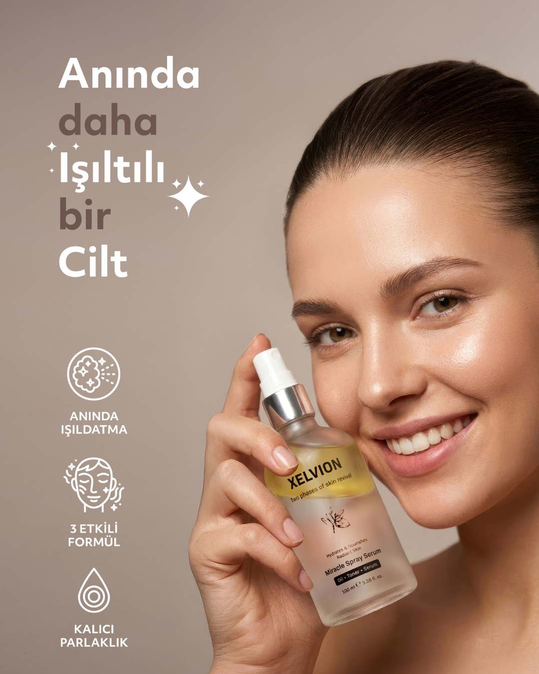 XELVION Miracle Spray Serum ile anında daha ışıltılı bir cilt görünümü sağlanıyor.