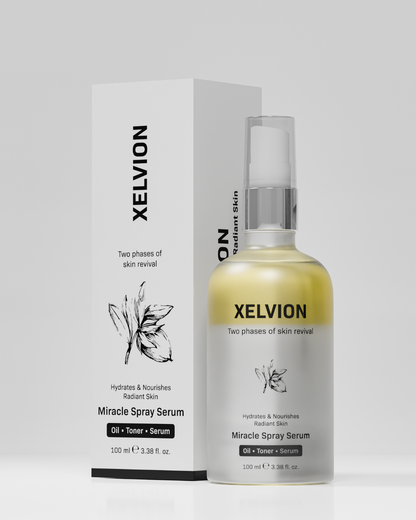 XELVION Miracle Spray Serum, iki fazlı cilt canlandırma, nemlendirici ve ışıltılı cilt etkisi için.