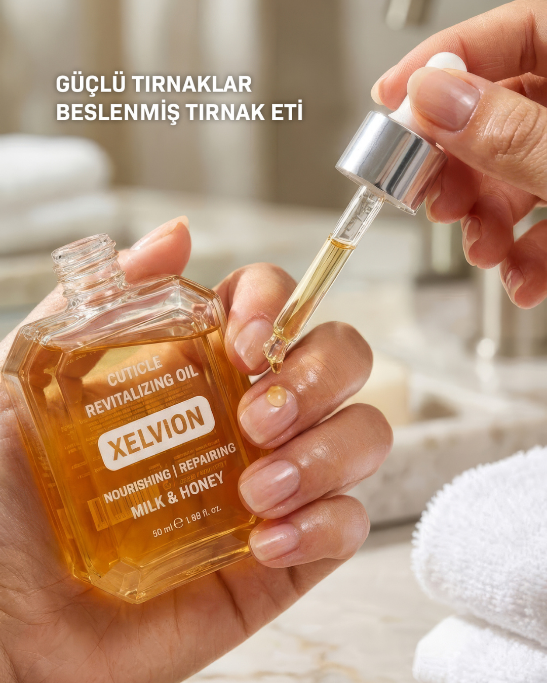 Xelvion Cuticle Revitalizing Oil ile nem desteği sağlayan ellerin bakımı.