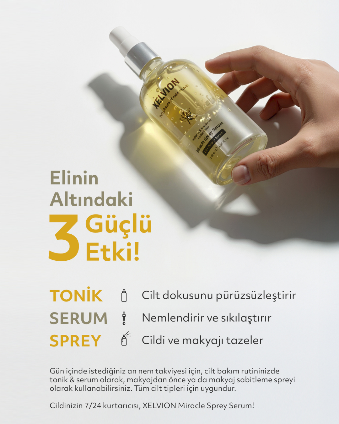 XELVION Miracle Spray Serum el ile tutulurken, cilt bakımı için gereken nemlendirme ve tazeleme etkileri.