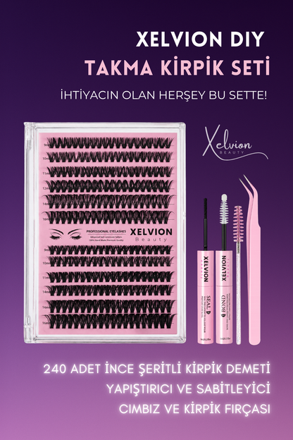 Xelvion 240'lı Takma Kirpik Seti - Sabitleyici, Cımbız ve Kirpik Fırçası