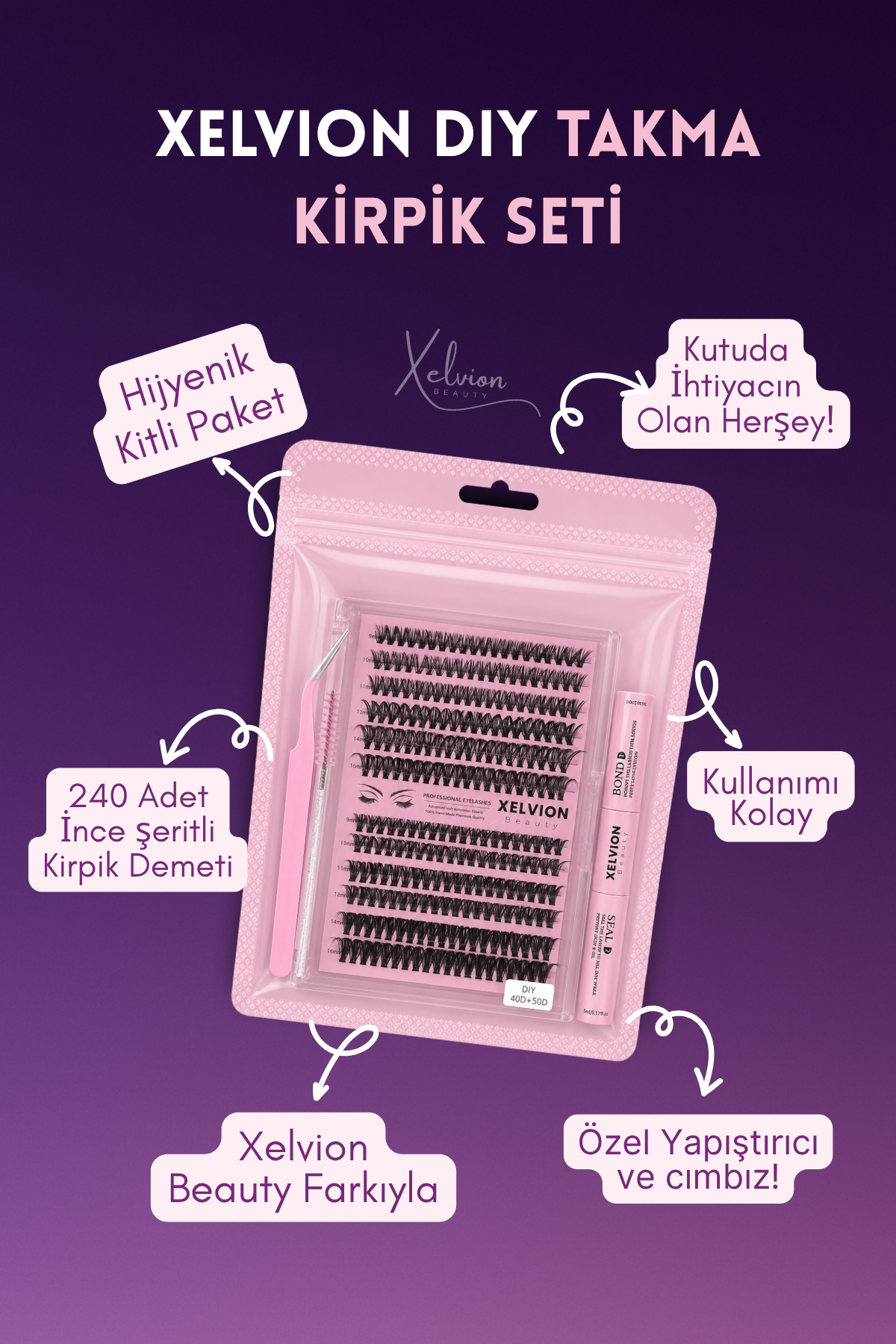 Xelvion 240'lı Takma Kirpik Seti - Sabitleyici, Cımbız ve Kirpik Fırçası