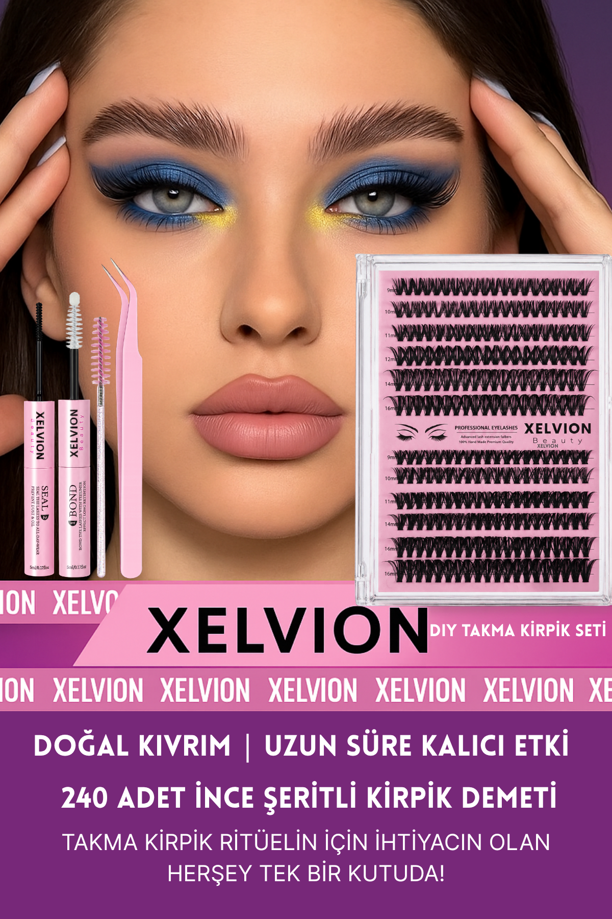 Xelvion 240'lı Takma Kirpik Seti - Sabitleyici, Cımbız ve Kirpik Fırçası